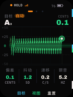 HOLD 轨迹视图:目标自动,音名 A3,偏差 0.1 音分,抖动 1.2,漂移 0.2,颤音 5.2 Hz
